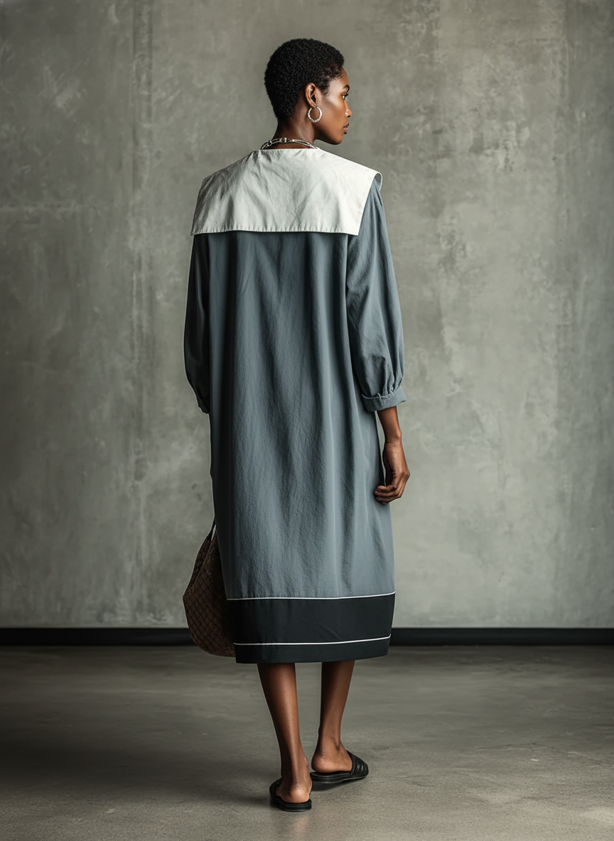 Women's Minimalist Slate Blue Cotton Blend Contrast Wide Collar V-Neck Three-Quarter Sleeve Loose Midi Dress MDZ2825E9GMJ