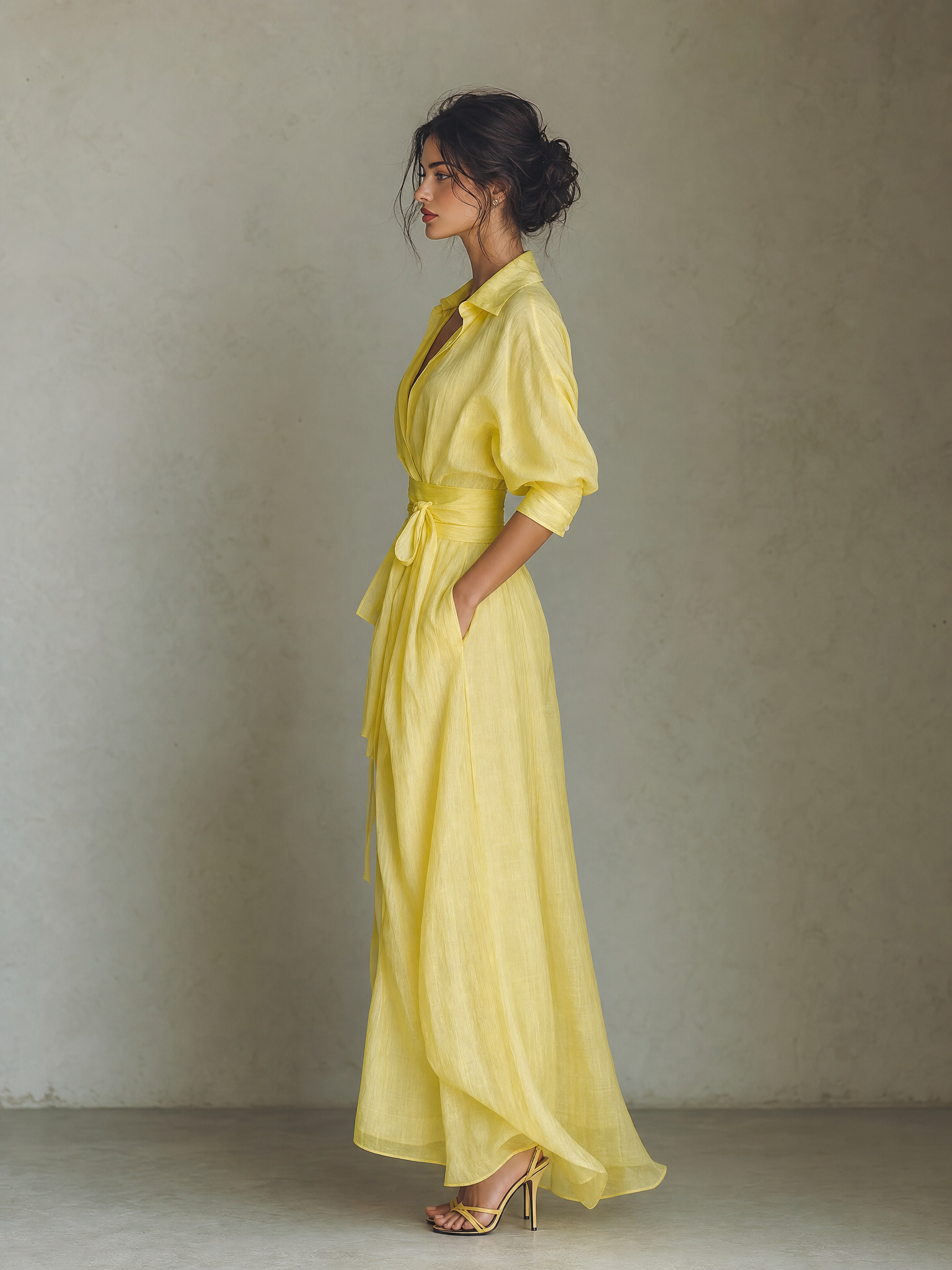 Women's Lemon Yellow Cotton And Linen Blend Maxi Shirt Dress With Tie Waist & Half Sleeves MDZ2884A4T