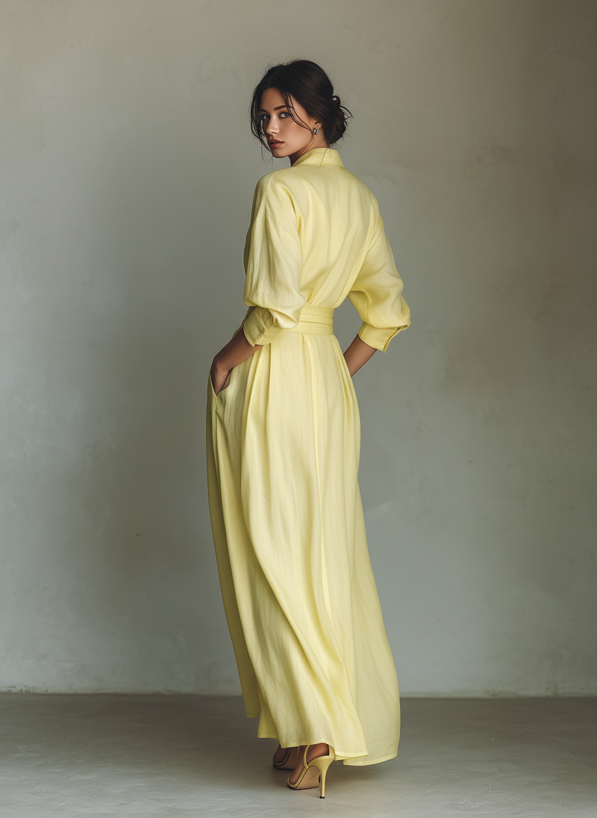 Women's Lemon Yellow Cotton And Linen Blend Maxi Shirt Dress With Tie Waist & Half Sleeves MDZ2884A4T