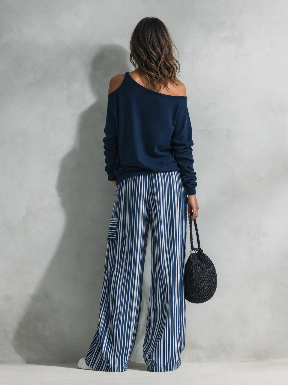 Women's Casual 2-Piece Set Long-sleeved Top In Navy Blue Sweatshirt Fabric And Blue-and-white Striped Woven Trousers MDZ2895G0LXY