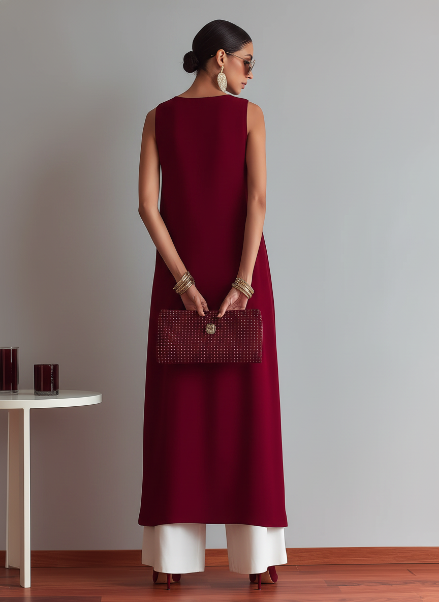Women’s Burgundy Sleeveless Longline Tunic & White High-Waisted Wide-Leg Pants Two-Piece Set MDZ2946E4T