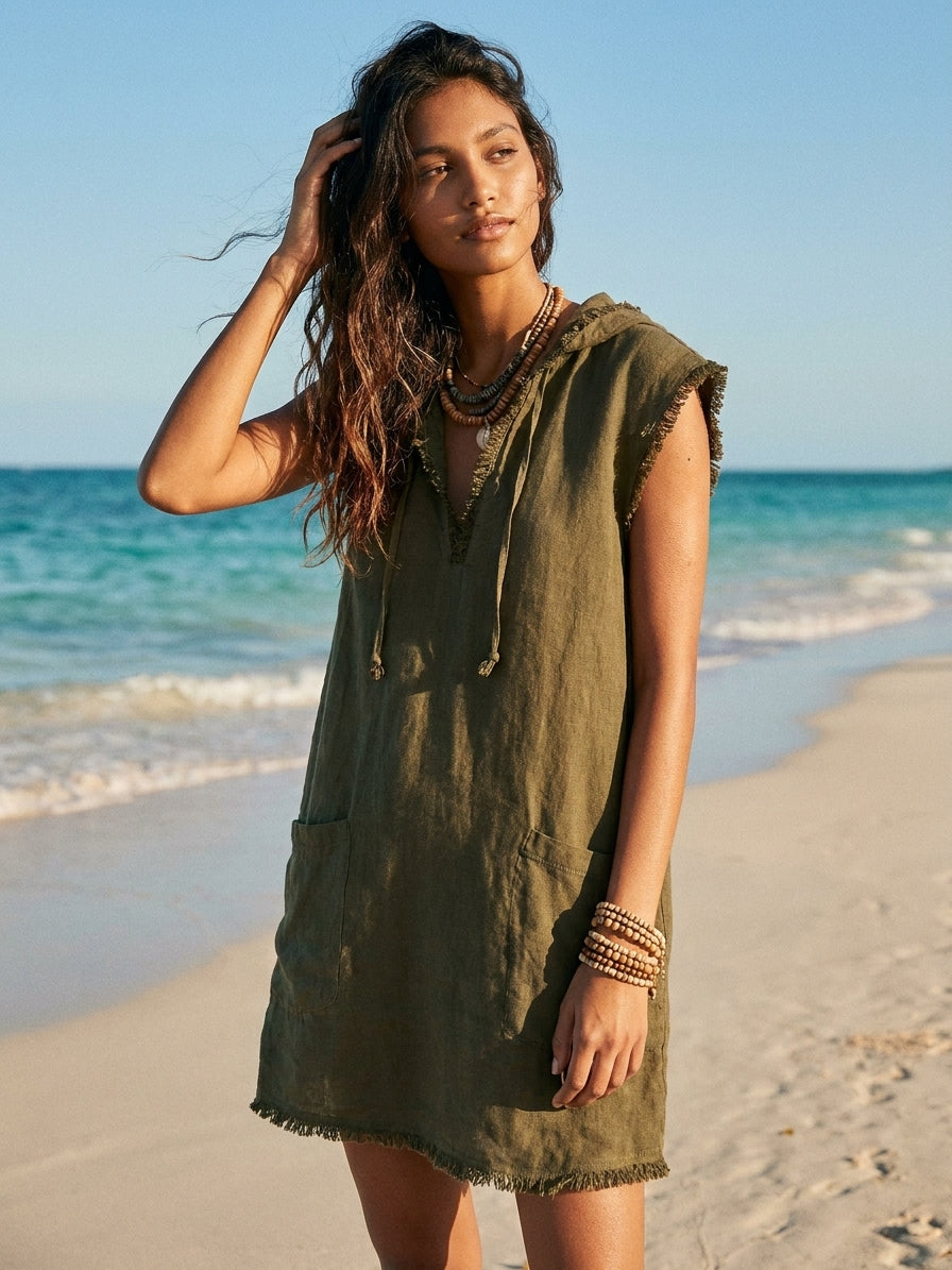 Women's Minimalist Linen-Blend Mini Dress — Hooded, Sleeveless, Raw Hem MDZ2961D3Y