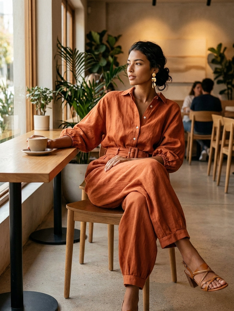 Women's Minimalist Cotton-Linen Jumpsuit With Belt — Wide-Leg Trousers And Mid-Length Sleeves MDZ2965E9ZJW