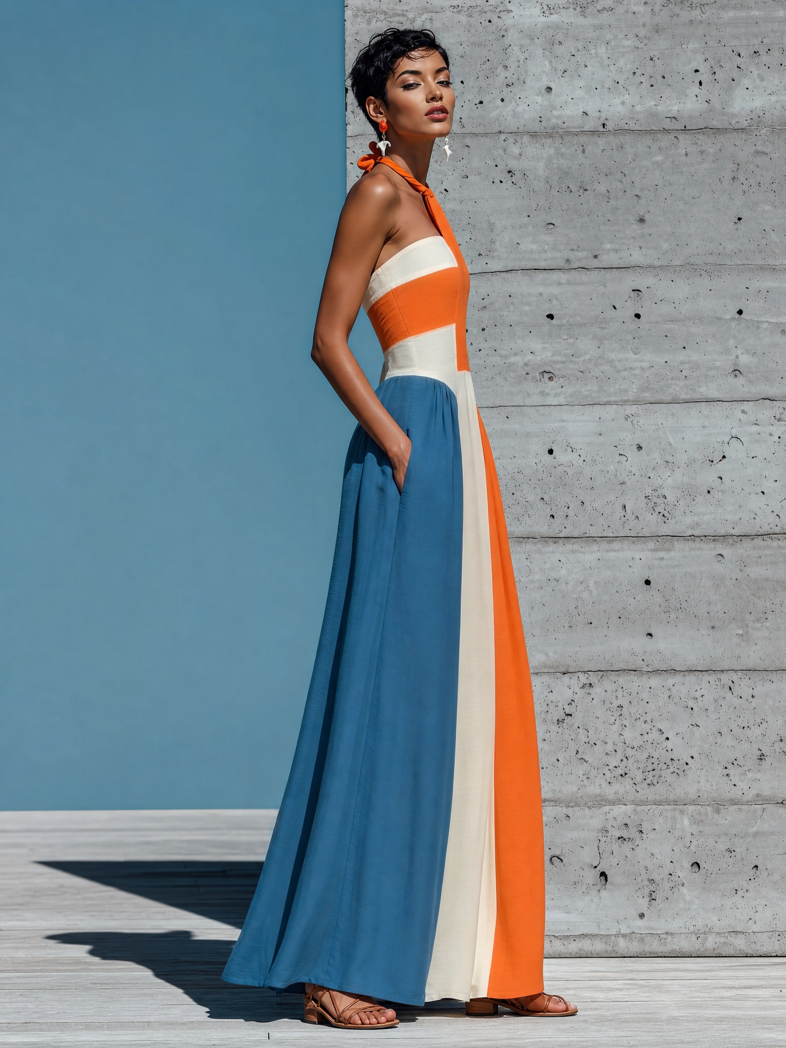 blue dress with oranges Women's Orange White Color Block Halter Keyhole Strapless Smocked – Modesees SWEET 16 DRESSES ZAPAKA Women Halter Mother true to size with Color:Y20-1 Off White