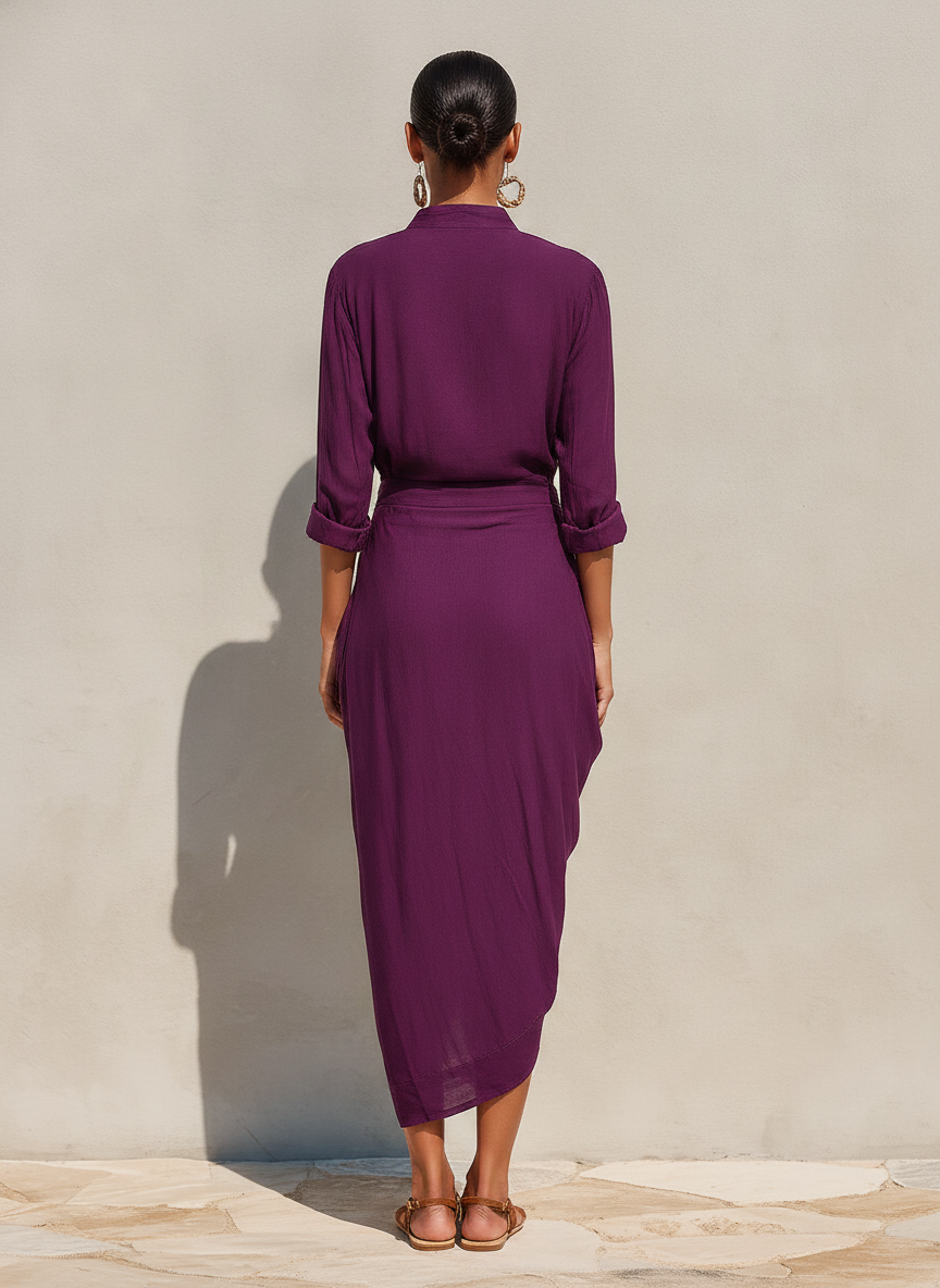 Women's Plum Draped Shirt Dress With Roll-Up Sleeves & Asymmetrical Hem, Modern Effortless-Chic Everyday Dress MDZ2986E3LYL