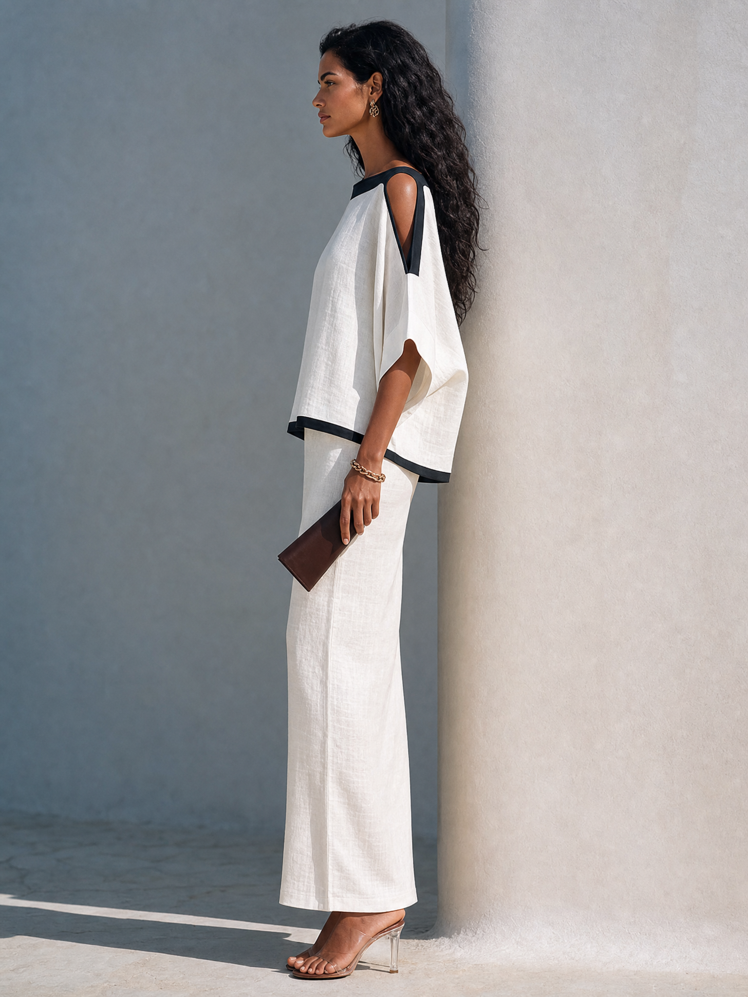 Women's Linen-Blend Batwing-Sleeve Top And Midi Skirt Two-Piece Set MDZ2993G0ZRK