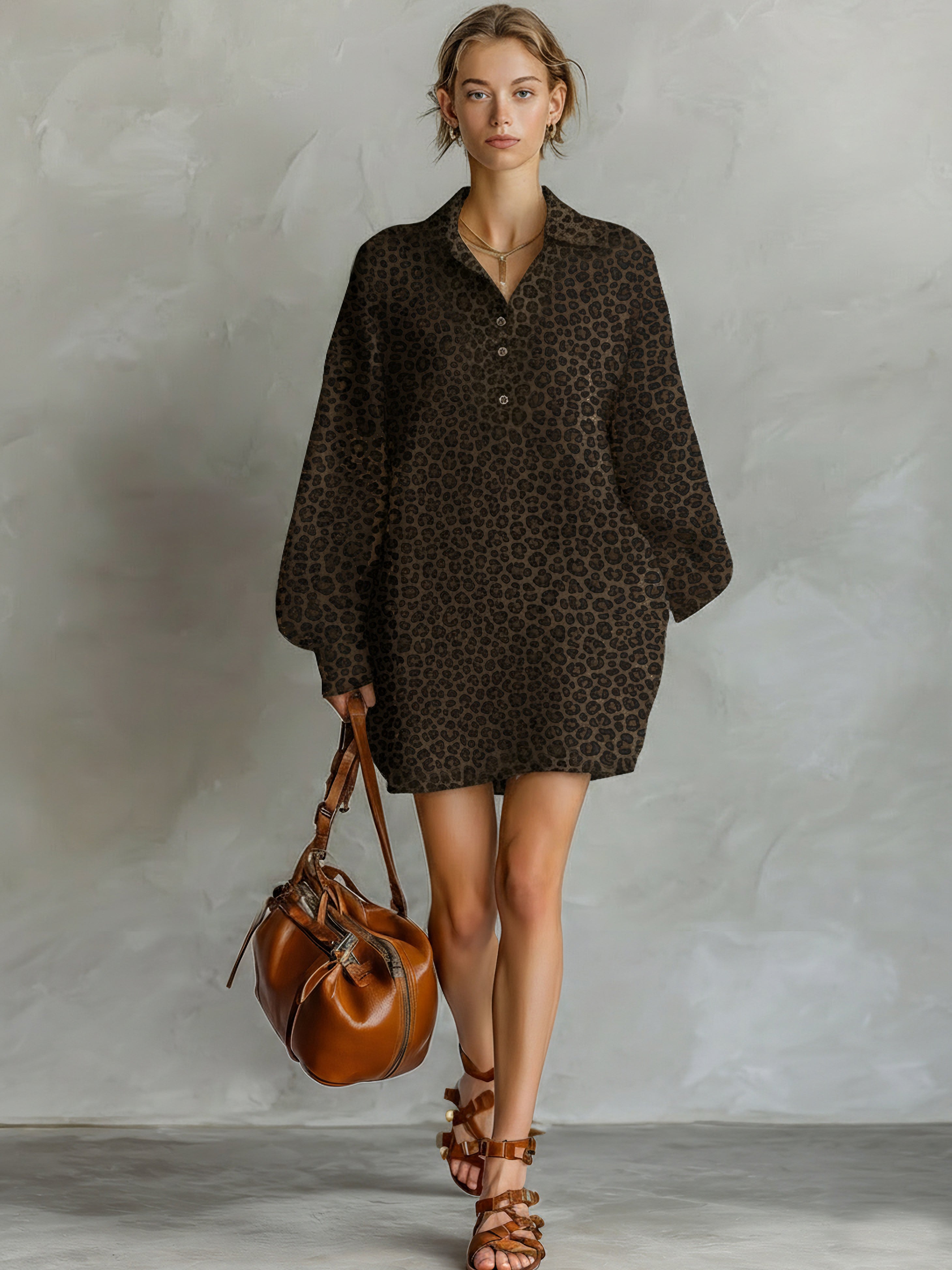 Women's Fashionable Brown Leopard Print Loose Open Neckline Long Sleeve Dress MDA1895L2AN