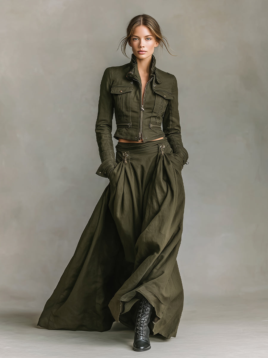 Women's Green Edgy 100% Cotton Zip - Front Cropped Jacket And Maxi Skirt Set MDA1819I7I