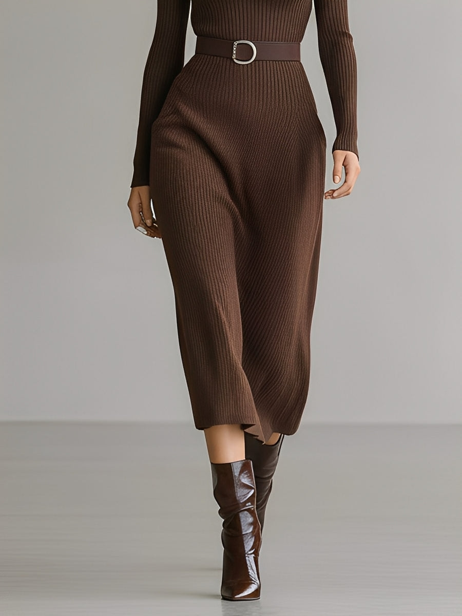Women's Brown Elegant Rib Knit Cowl - Neck Belted Midi Dress MDA1799J1I