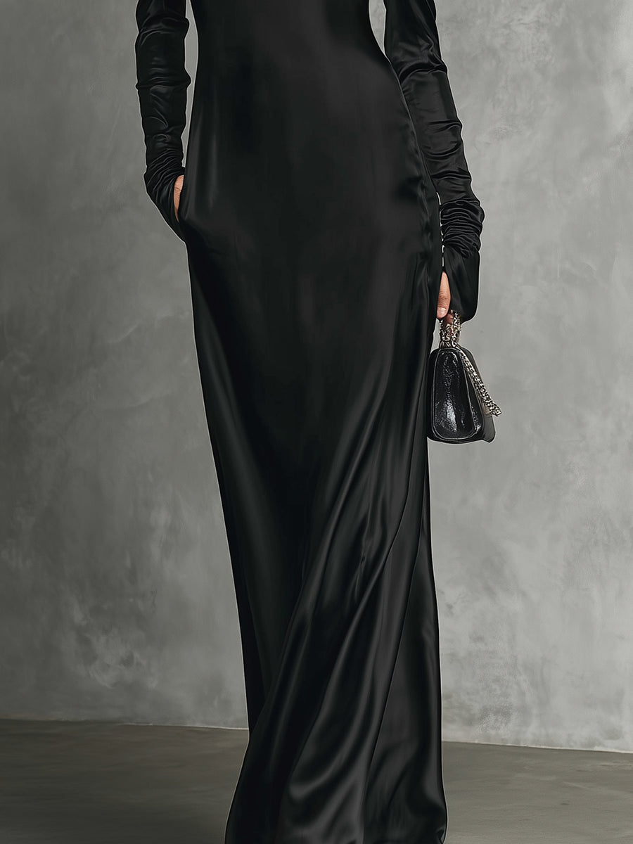 Women's Black Satin Elegant Off-Shoulder High Neck Maxi Dress MDA3198J4I
