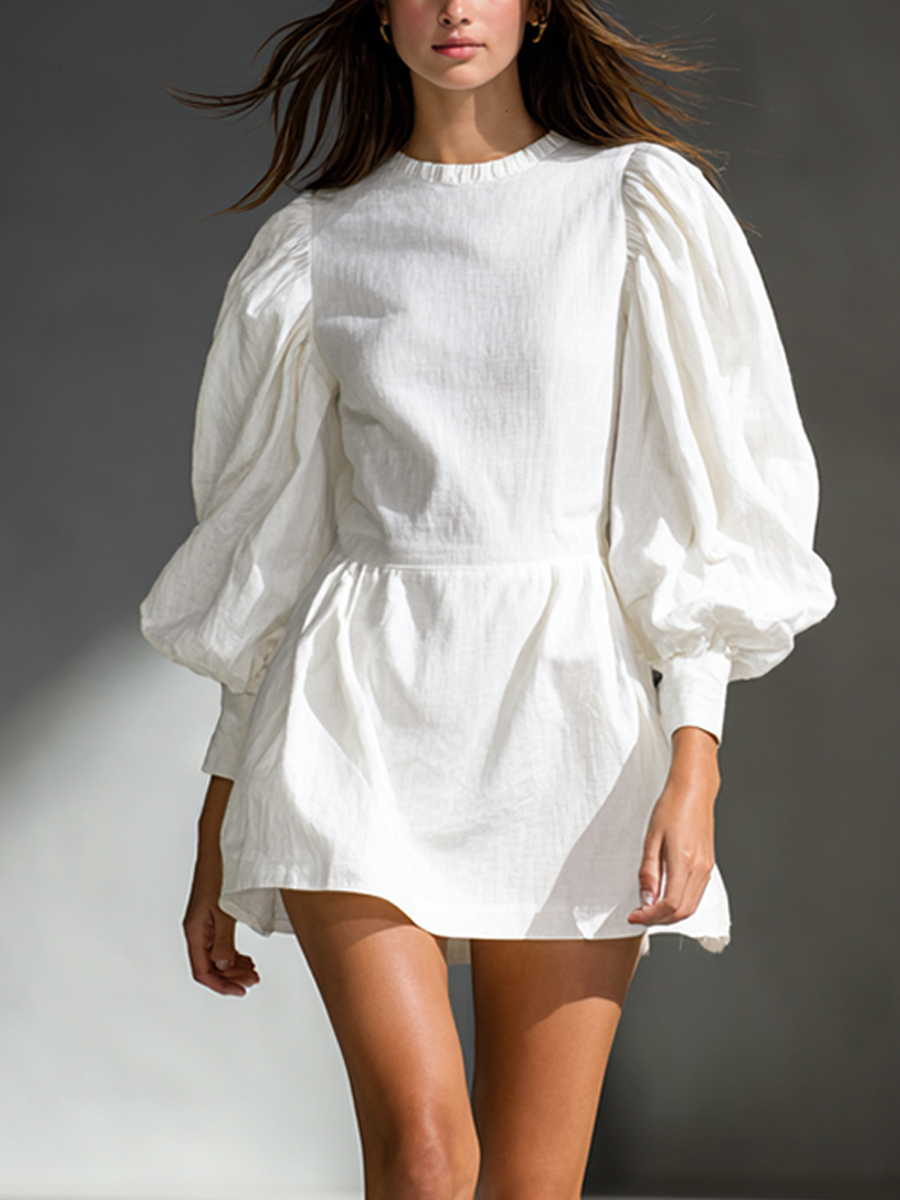 Women's Solid Color Stand Collar Puff Sleeve Waist-Defining Mini Dress MDA1858L7AP