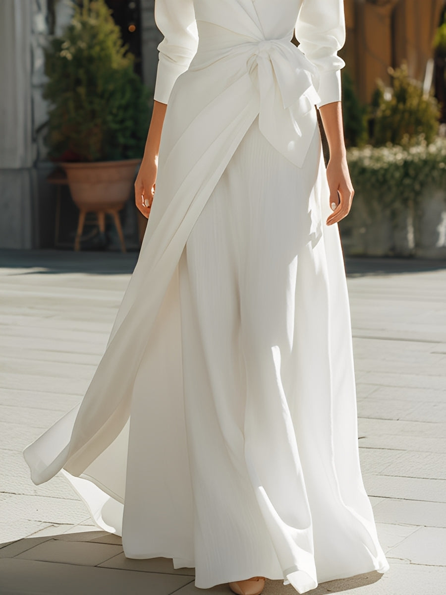 Women's White Textured Fashion Dress With Deep V-Neck & High Slit, Modern Formal Style Dress MDA1170L7I