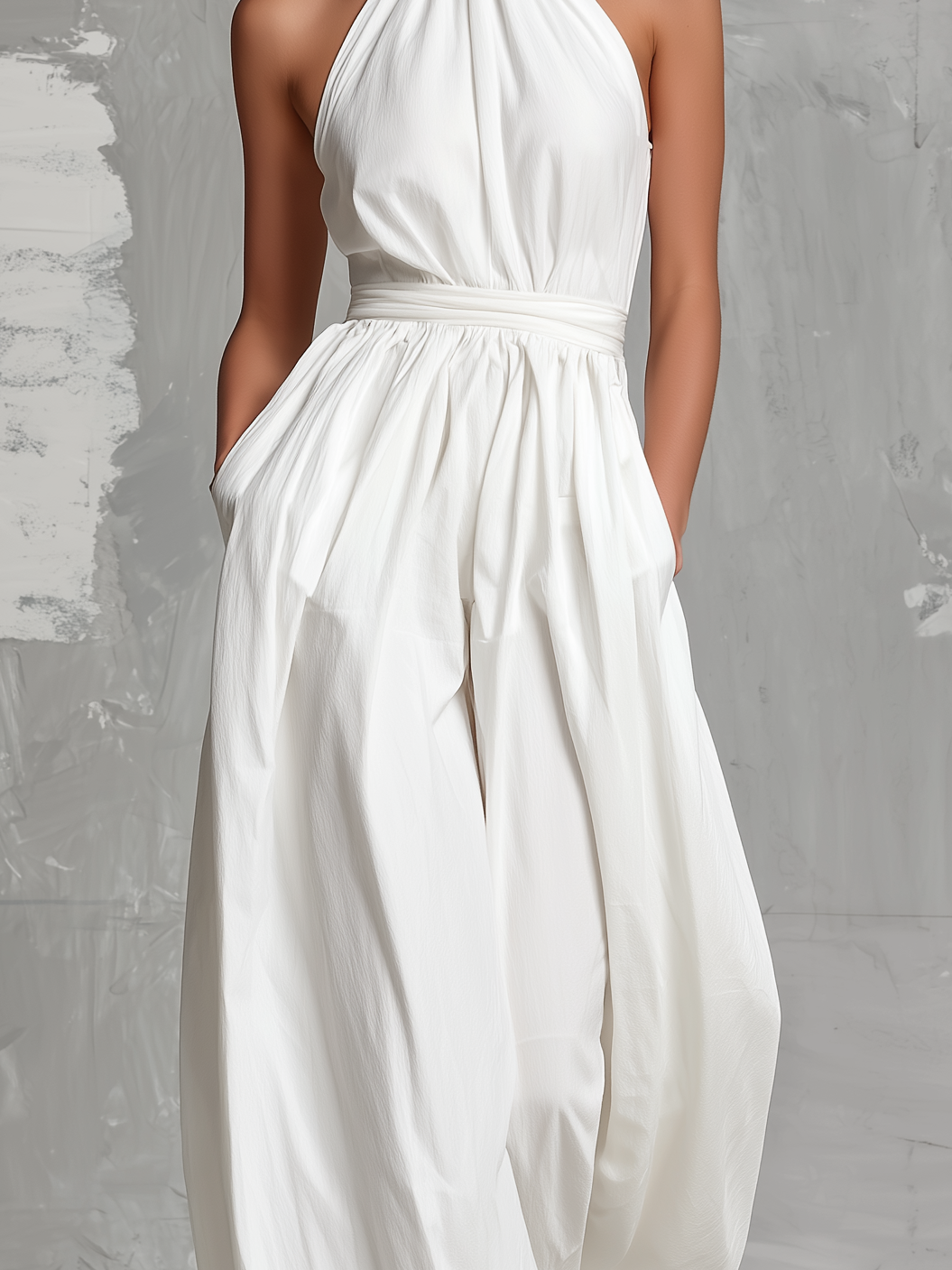 Women's Elegant White Woven Sleeveless Halter-neck Jumpsuit MDZ0554A3AN