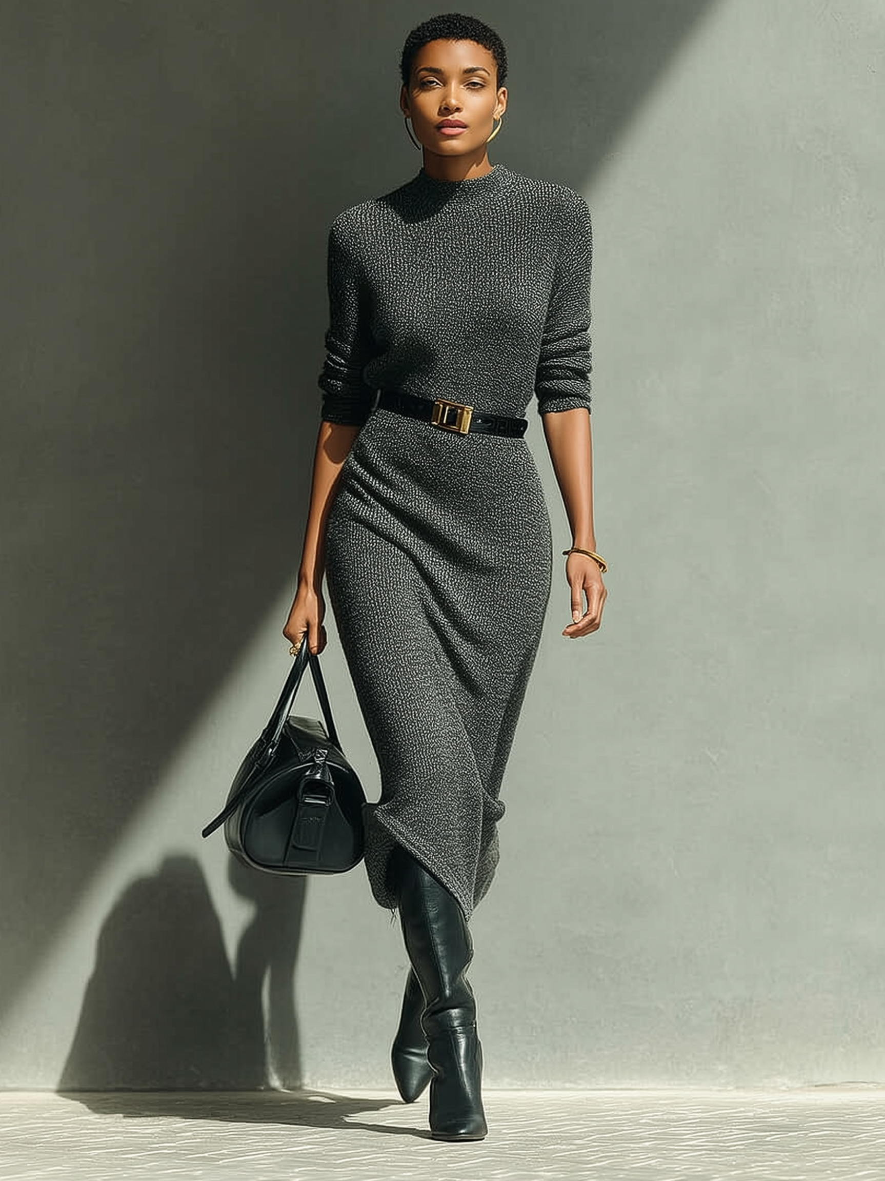 Women's Minimalist Knitted Round Neck Belted Midi Dress MDA1608I1Y