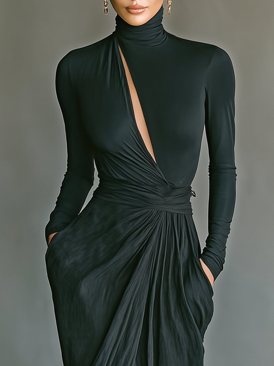 Women’s Black Mixed Fabric Turtleneck Maxi Dress MDA2926G1T