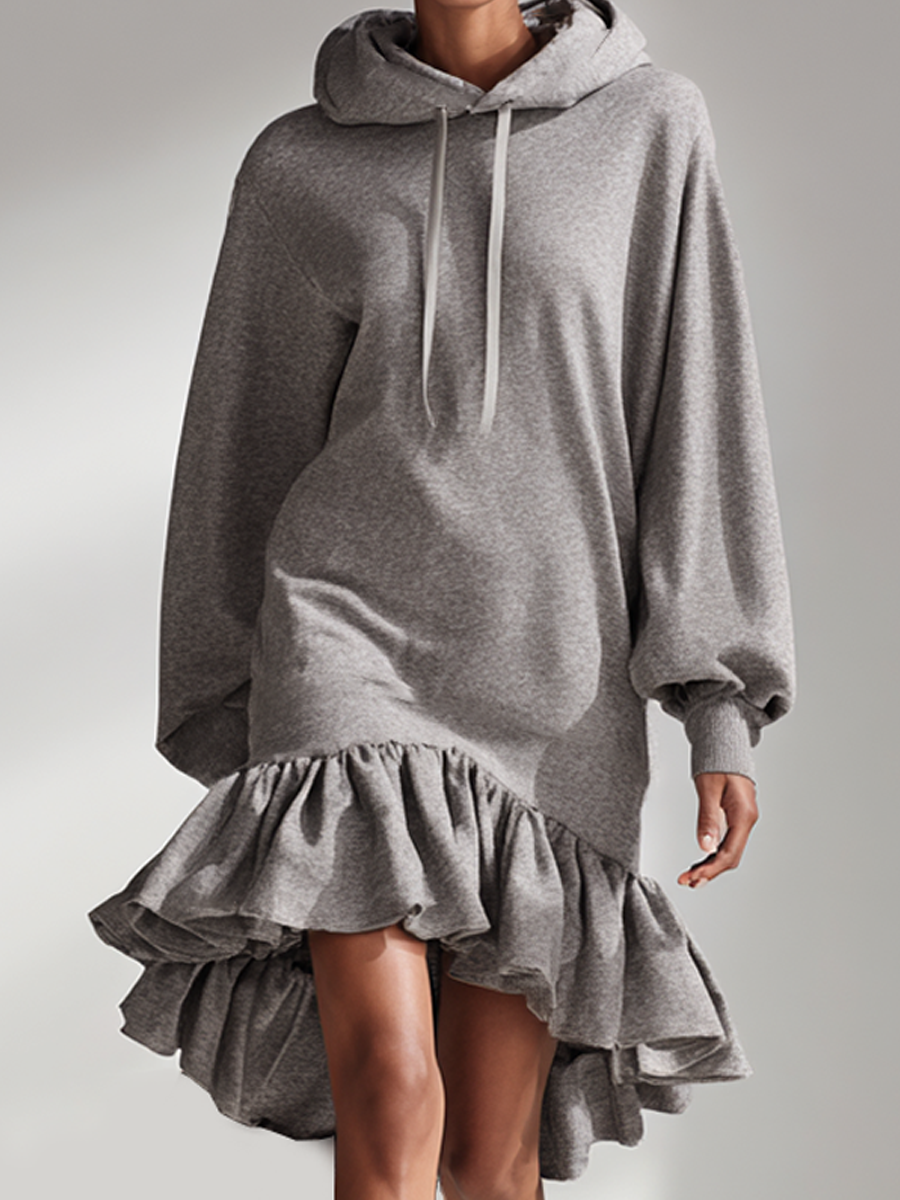Women's Oversized Hooded Ruffled Hem Sweatshirt Dress MDA2858K2AP