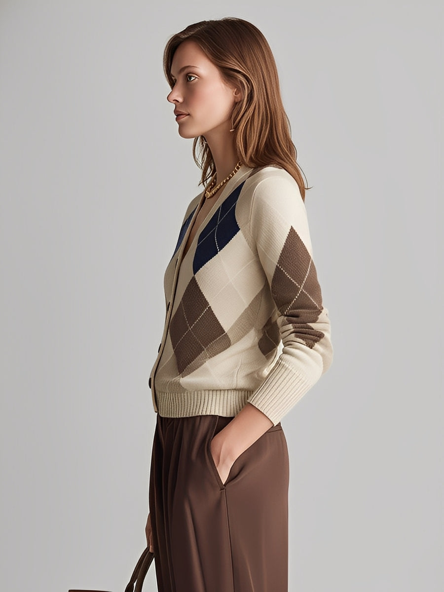 Women's Beige & Brown Argyle Knit Cardigan With Ribbed Trim & Short Length, Sophisticated Casual-Day Style Cardigan MDA2267L4I