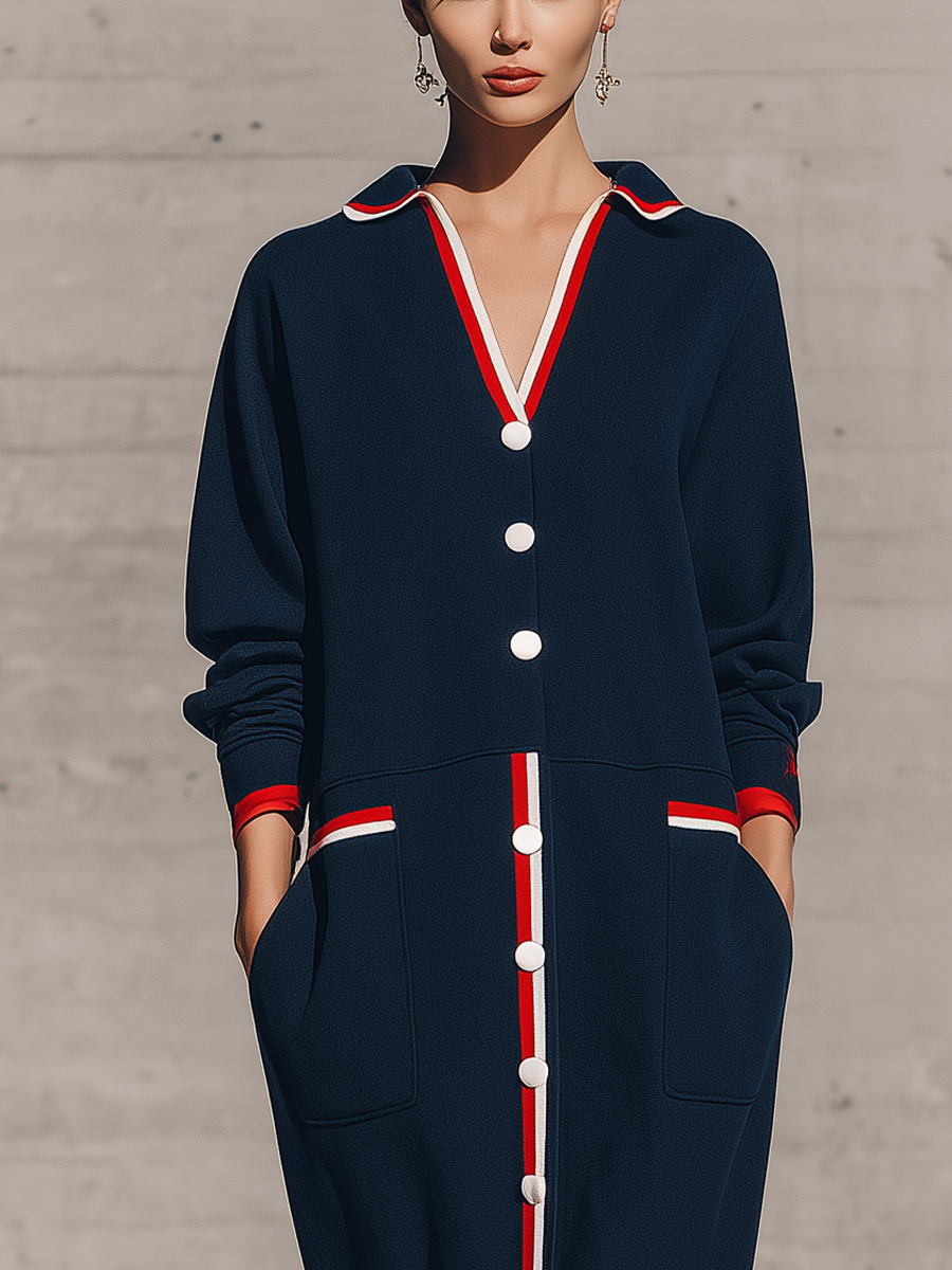 Women's Long Sleeve Contrast Trim Button Navy Maxi Dress MDZ2416H1YZJ