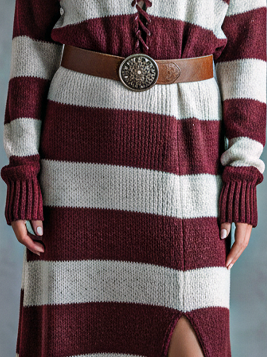 Women's Burgundy And Beige Striped Knitted Tie-front Slit Long Maxi Dress MDA3039J5T