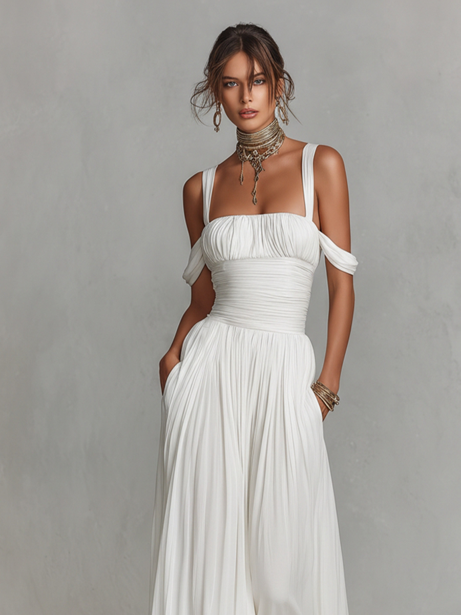 Women's White Flowy Dress With Off-Shoulder Straps & Ruched Waist, Timeless Romantic-Elegant Style Dress MDZ1163B2I