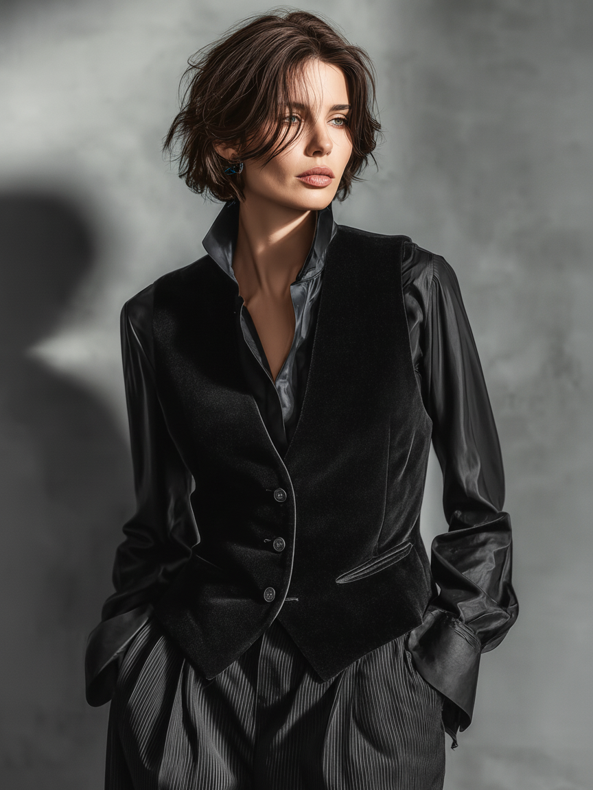 Women's Minimalist Velvet Single-breasted V-neck Vest MDA2587K4Y