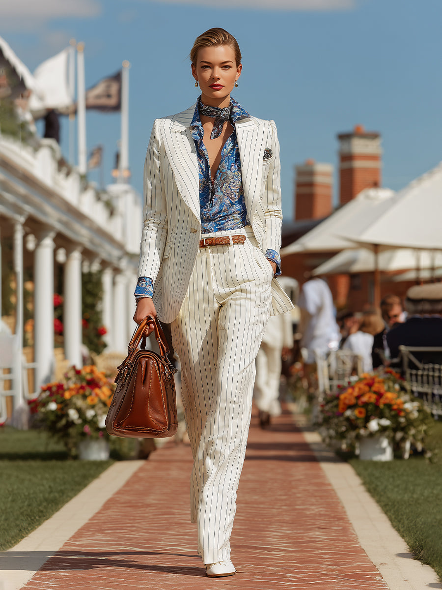 Women's Ivory Striped Woven Co-Ord Set With Structured Blazer & Tailored Trousers, Timeless Classic Style Set (without belt) MDA0304K0I