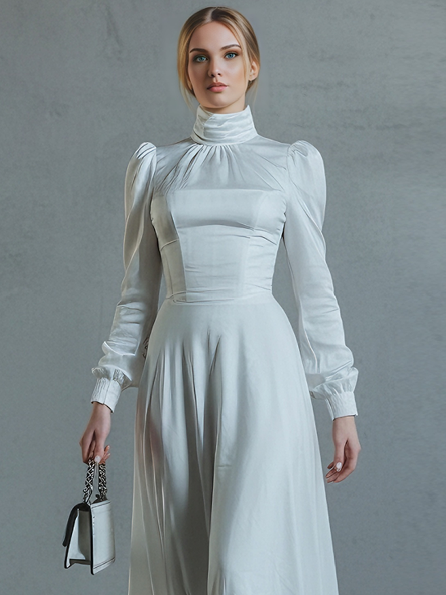 Women's Elegant  Crepe De Chine White Turtleneck Puff-Sleeve Pleated Maxi Dress MDA1256L2AU