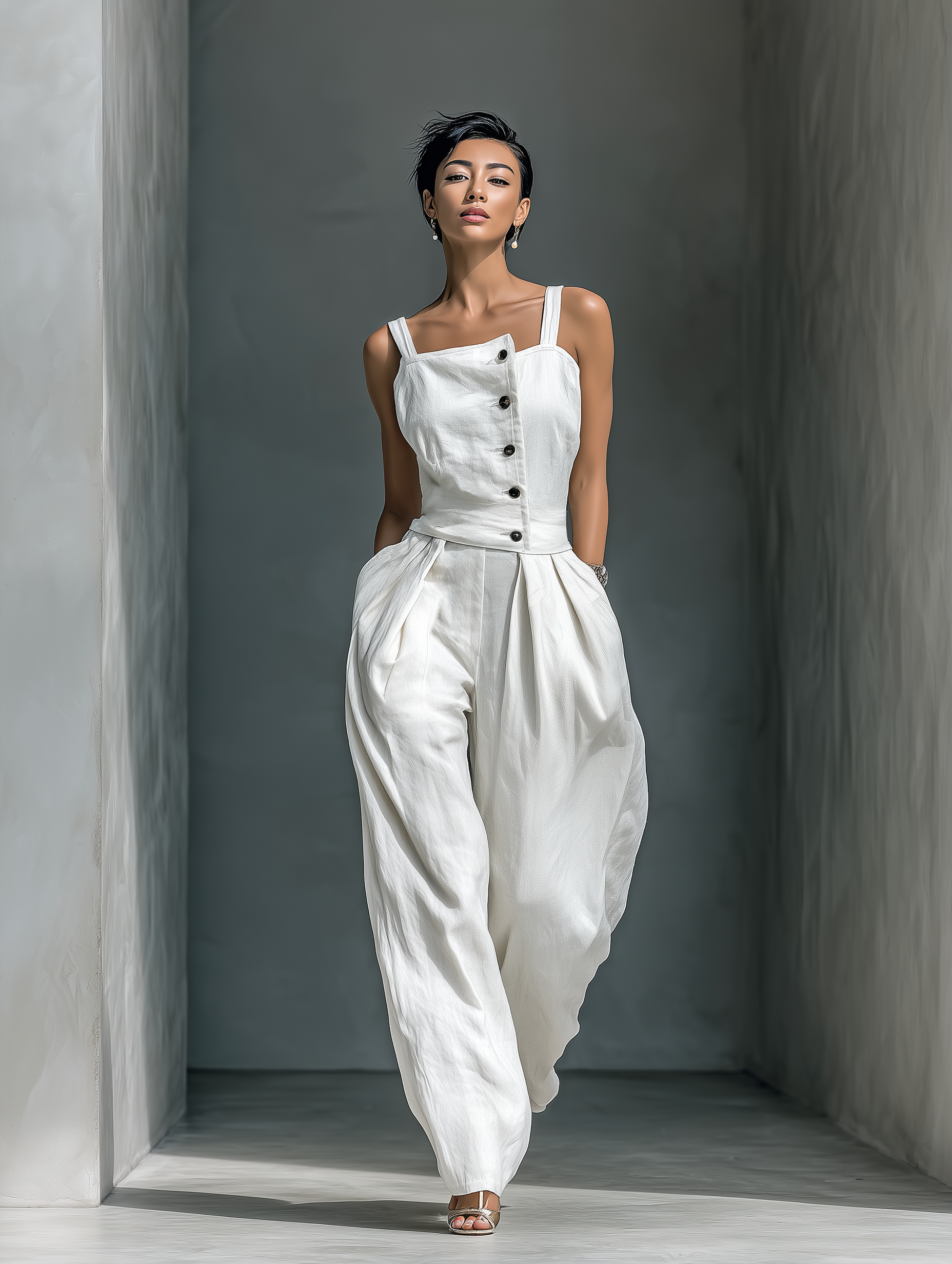 Women's White Sleeveless Jumpsuit With Button Front & High-Waisted Trousers MDZ2504B1T