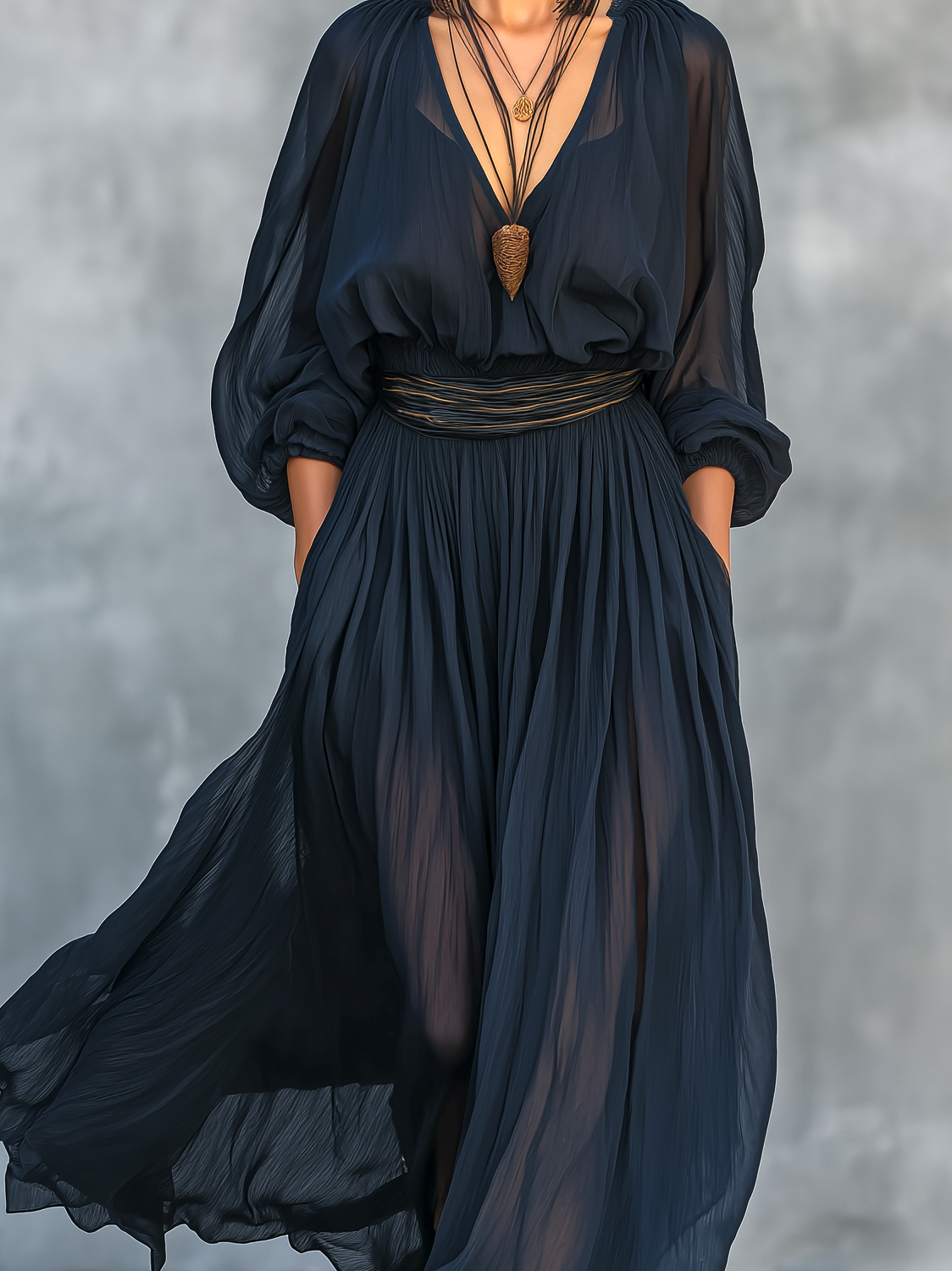 Women's Elegant Navy Blue Chiffon V-neck Long-sleeved Dress (belt Not Included) MDZ2420B5AN