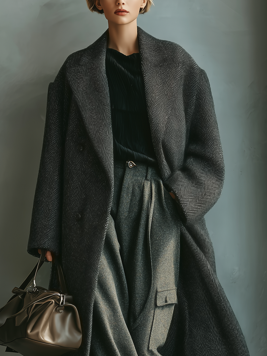 Women's Dark Grey Herringbone Wool Blend Coat MDA1847I0T