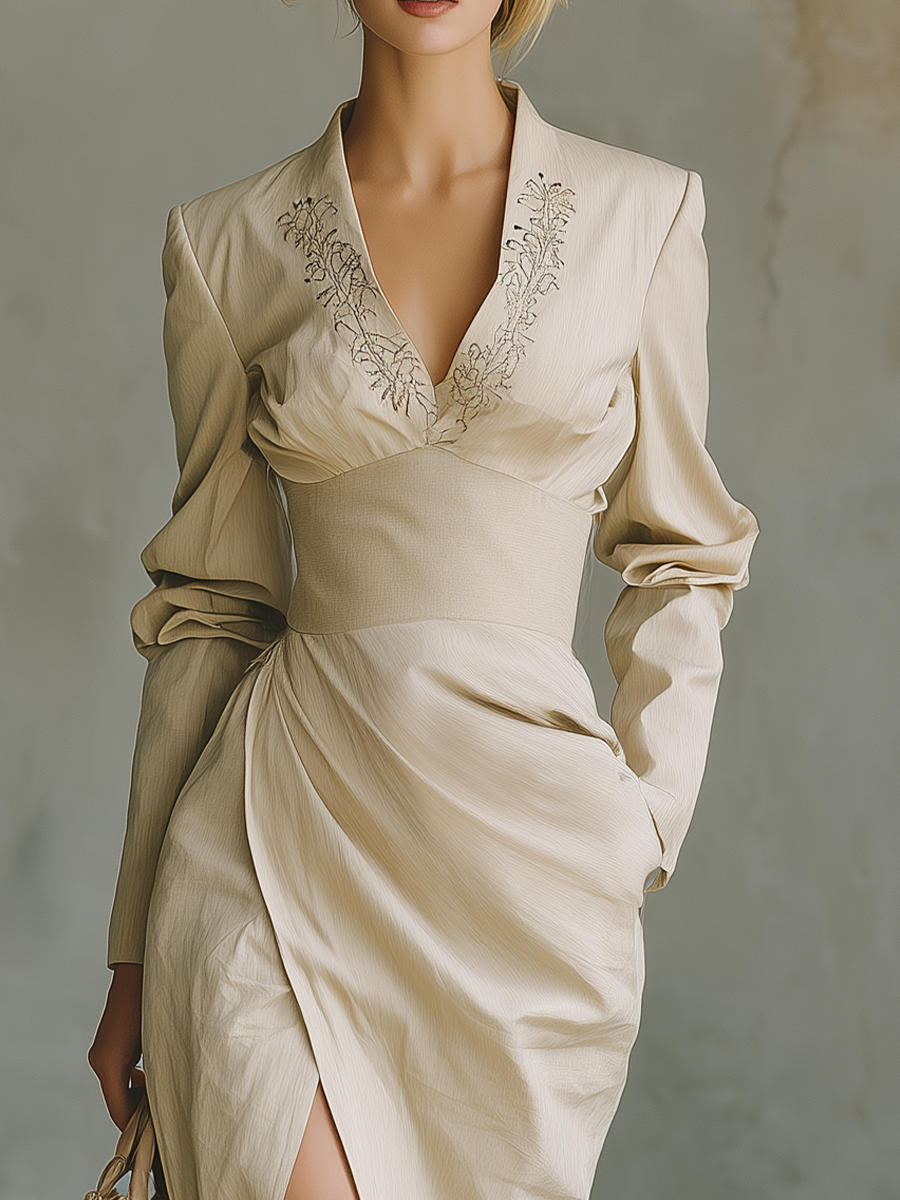 Women's White Waist Embroidered Midi Dress MDA0189H4T