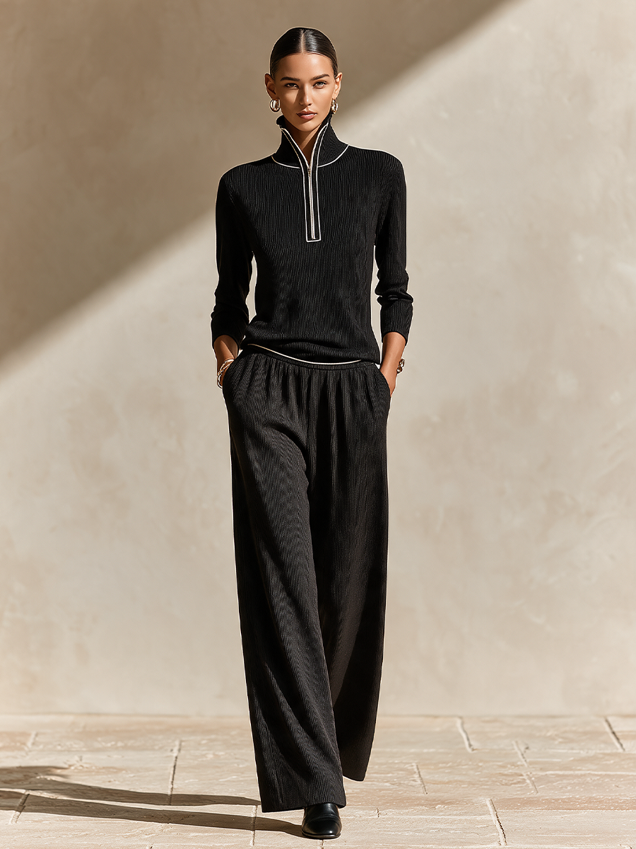 Women's Half‑Zip Ribbed Casual Two‑Piece Knit Set MDZ2575H6LYL