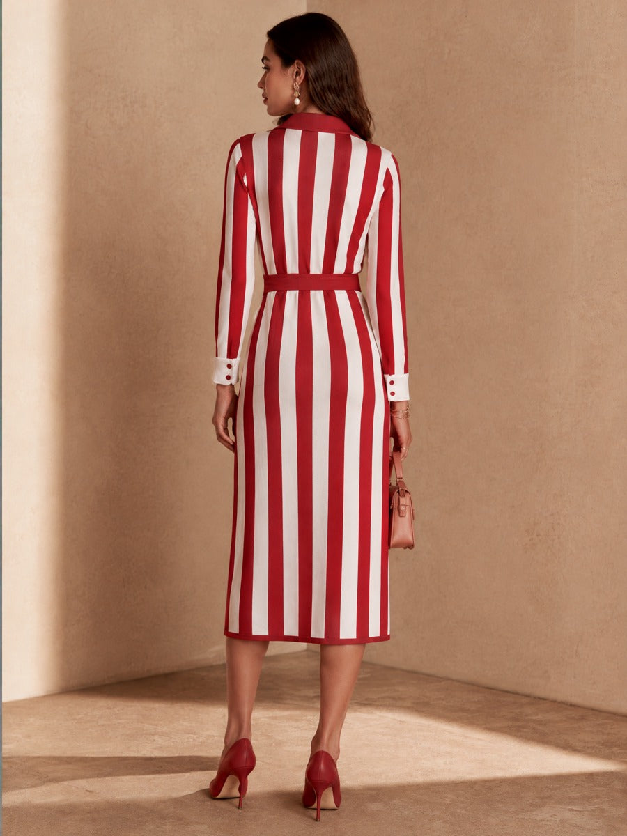 Women's Striped Belted Casual Knit Midi Dress