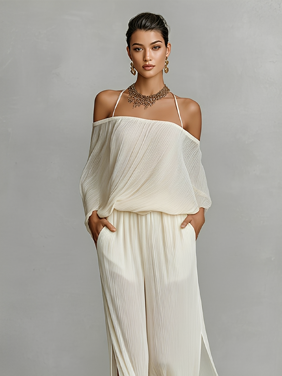 Women's Ivory Pleated Chiffon Set With Off-Shoulder Top & Split Wide-Leg Pants, Timeless Elegant-Chic Style Set MDZ2803B4I