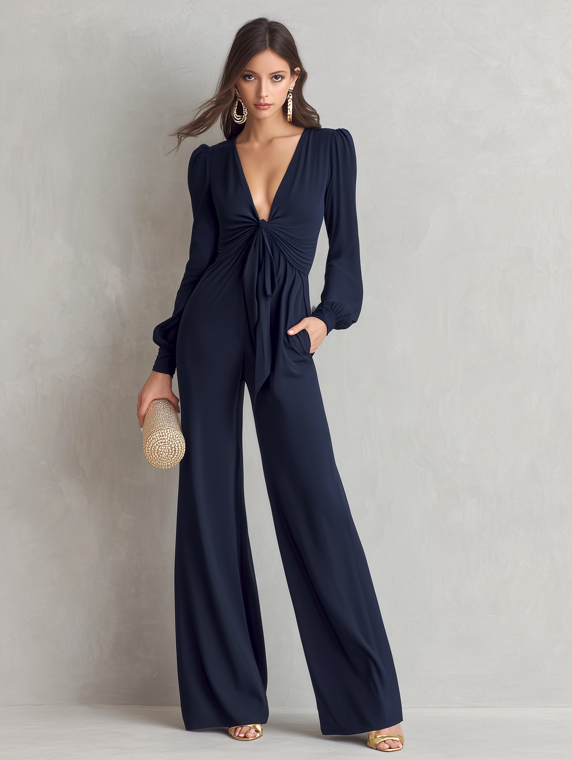 Women's Elegant Dark Blue Woven Chiffon V-neck Long-sleeved Loose Jumpsuit MDZ2490B7AN