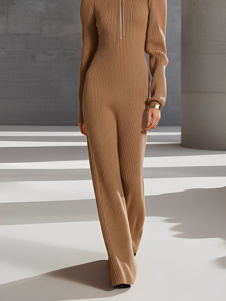 Women's Camel Rib-Knit Elegant Jumpsuit With Mock Neck & Half-Zip Front, Sophisticated Casual Jumpsuit MDA2766J4I