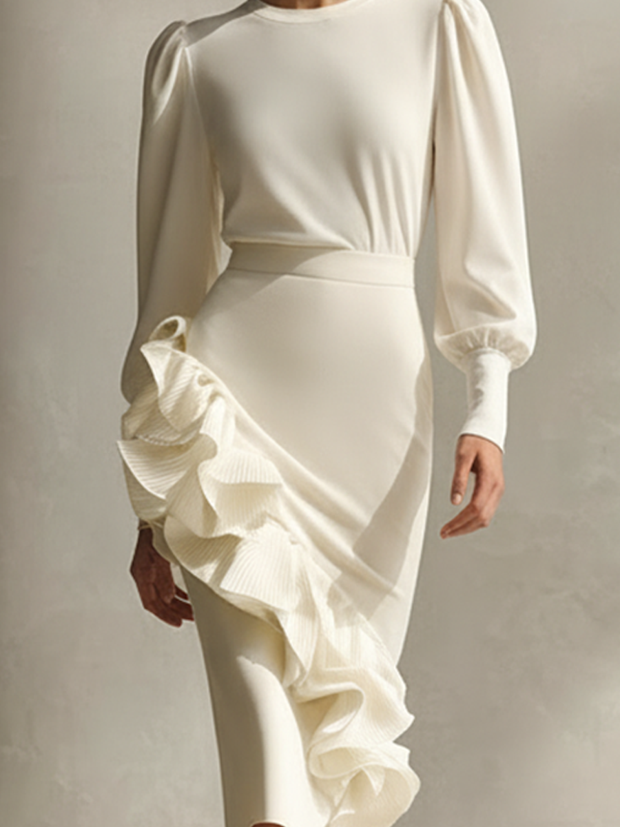 Women's Ivory Long-Sleeved Puff-Sleeve Slim-Fit Midi Dress Two-Piece Set MDA2069L4AP