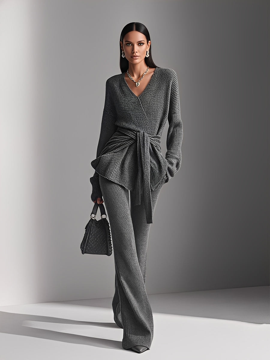 Women’s Grey Knit Classic Versatile Belted Coordinated Set MDA2936J1I