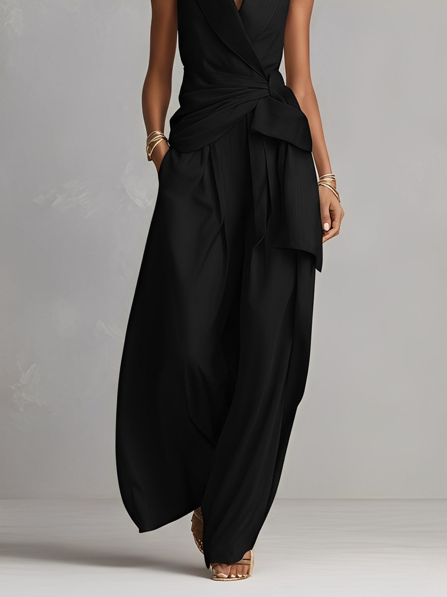 Women's Jet Black Structured Jumpsuit With Wide-Leg Pants & Side Pockets, Modern Bold-Elegant Style Jumpsuit MDZ1406A4I
