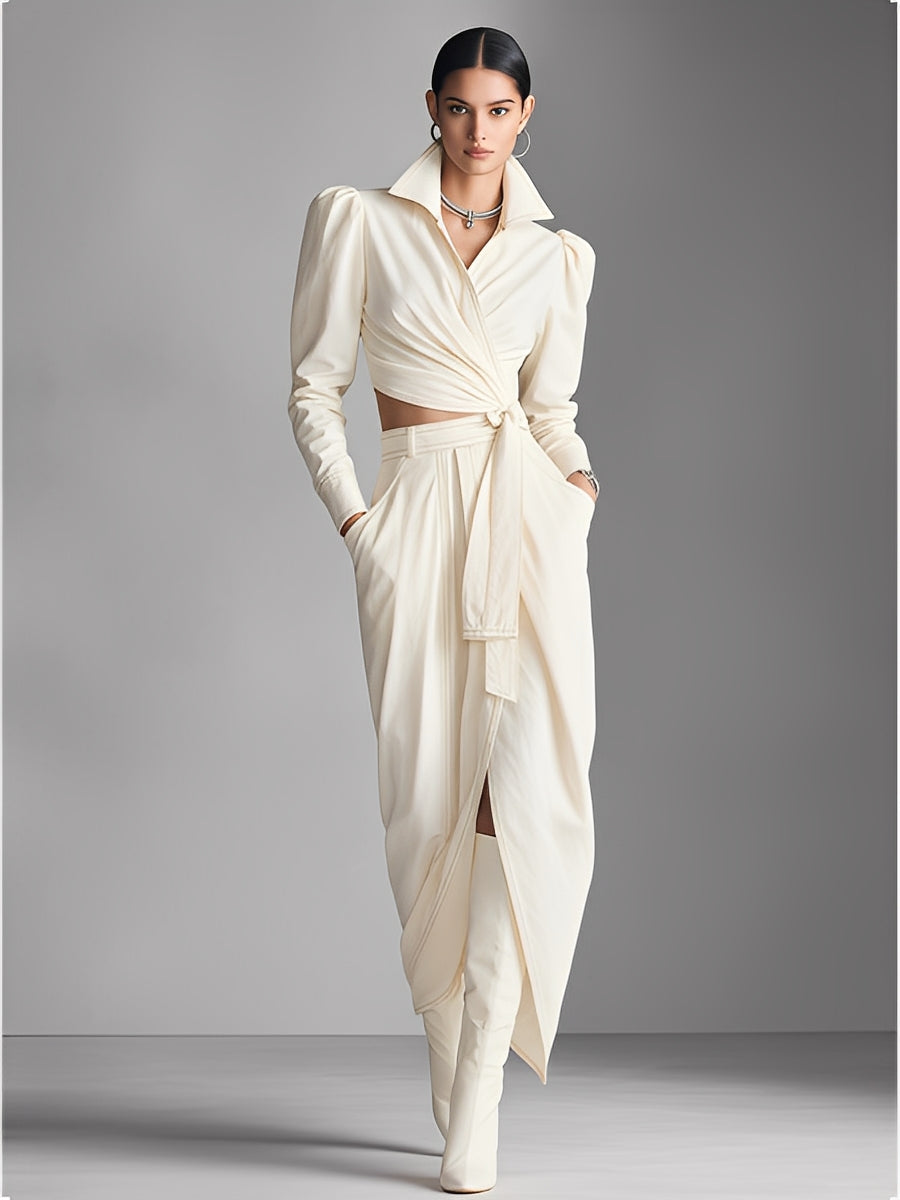 Women's Cream Cotton-Blend Set With Puff Sleeves & Tie-Front Crop Top, Modern Chic Style Set MDA1541L9I