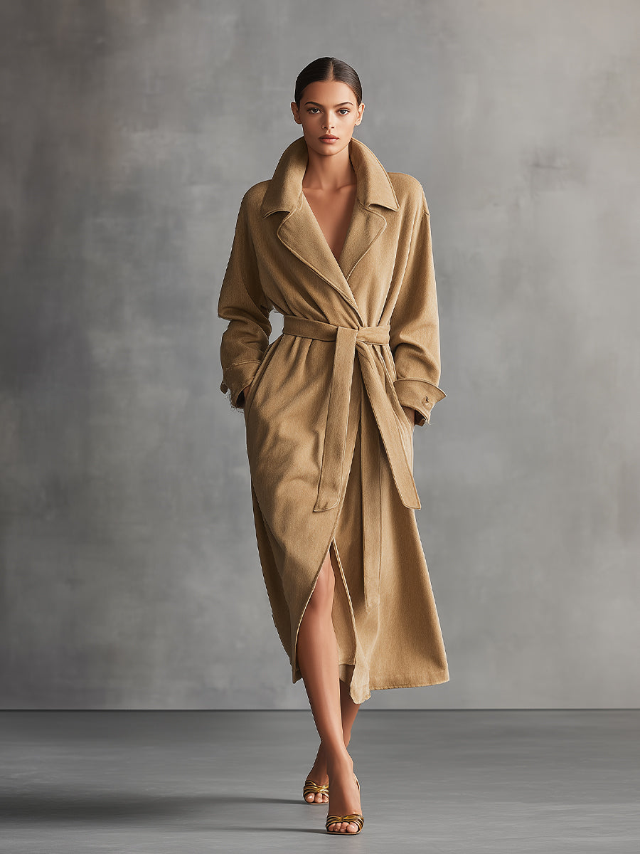 Women's Tan Classic Wool - Blend Belted Lapel Coat MDA1537I4I