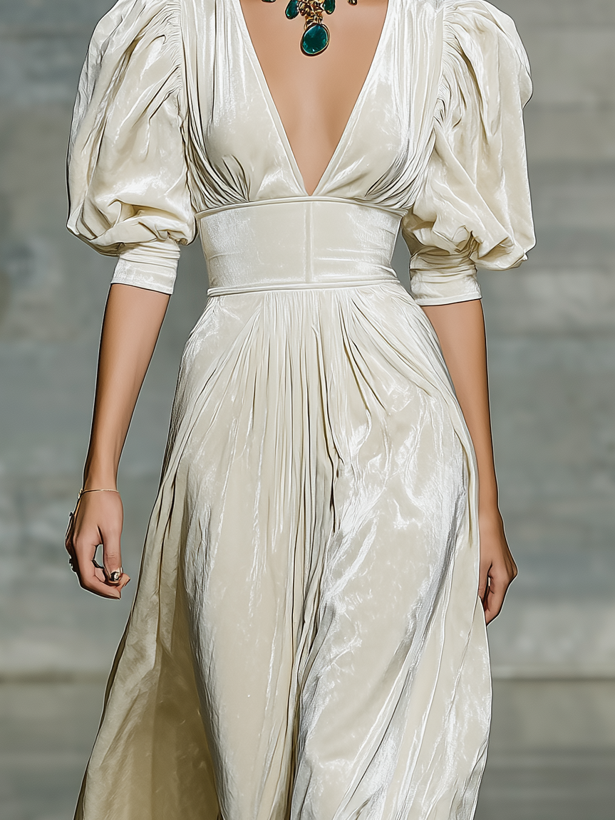 Women's Fashionable And Elegant White Four-velvet Fabric Bubble Short-sleeved V-neck Waist-cinching Long Dress MDA0422L7AN