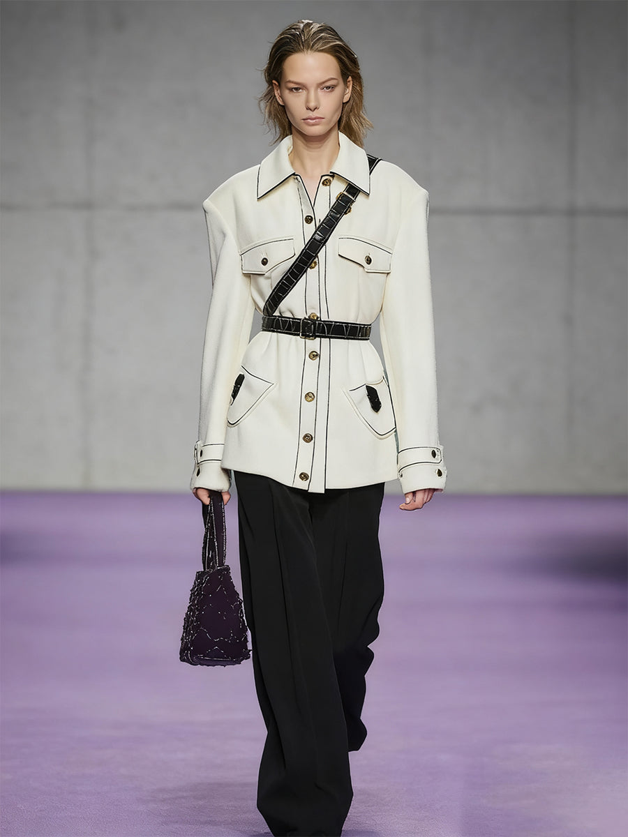 Women's Ivory White Woven Workwear-style Jacket MDA0473K1I