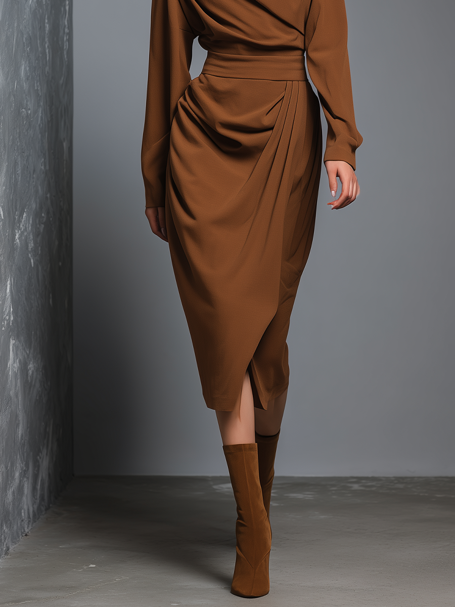 Women's Caramel Matte Satin Pleated Waist-cinching Midi Dress MDA0401K7T