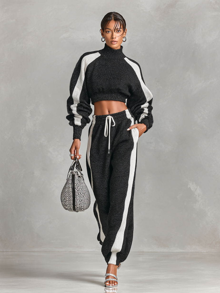 Women's Black And White Half-high Collar Short Sweater And Knitted Pants Set MDA1226H3Y