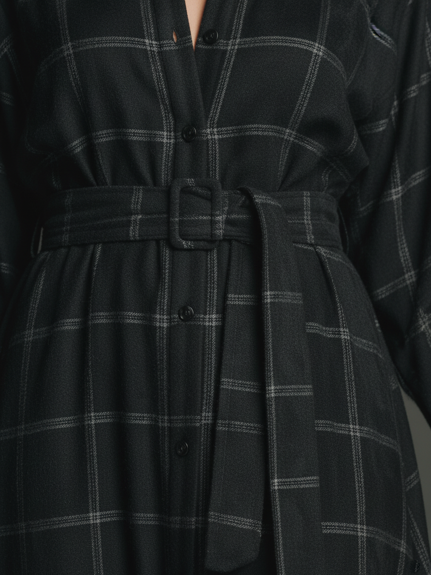 Women's Loose Faux Suede Plaid Long Sleeve Lapel Belted Midi Dress MDA2696I2Y