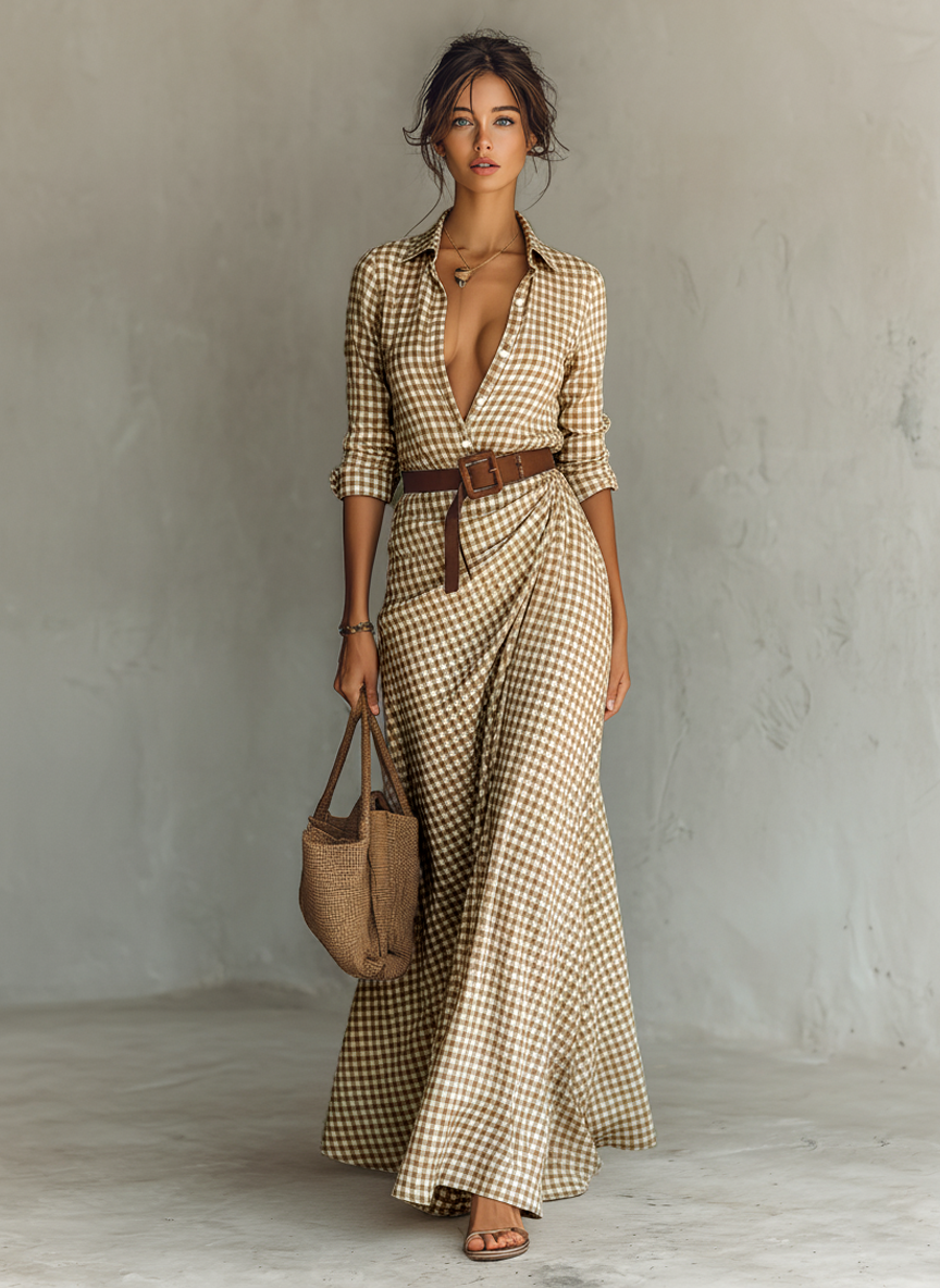 Women's Plaid Shirt Collar Belt Maxi Dress MDA0436K1Y