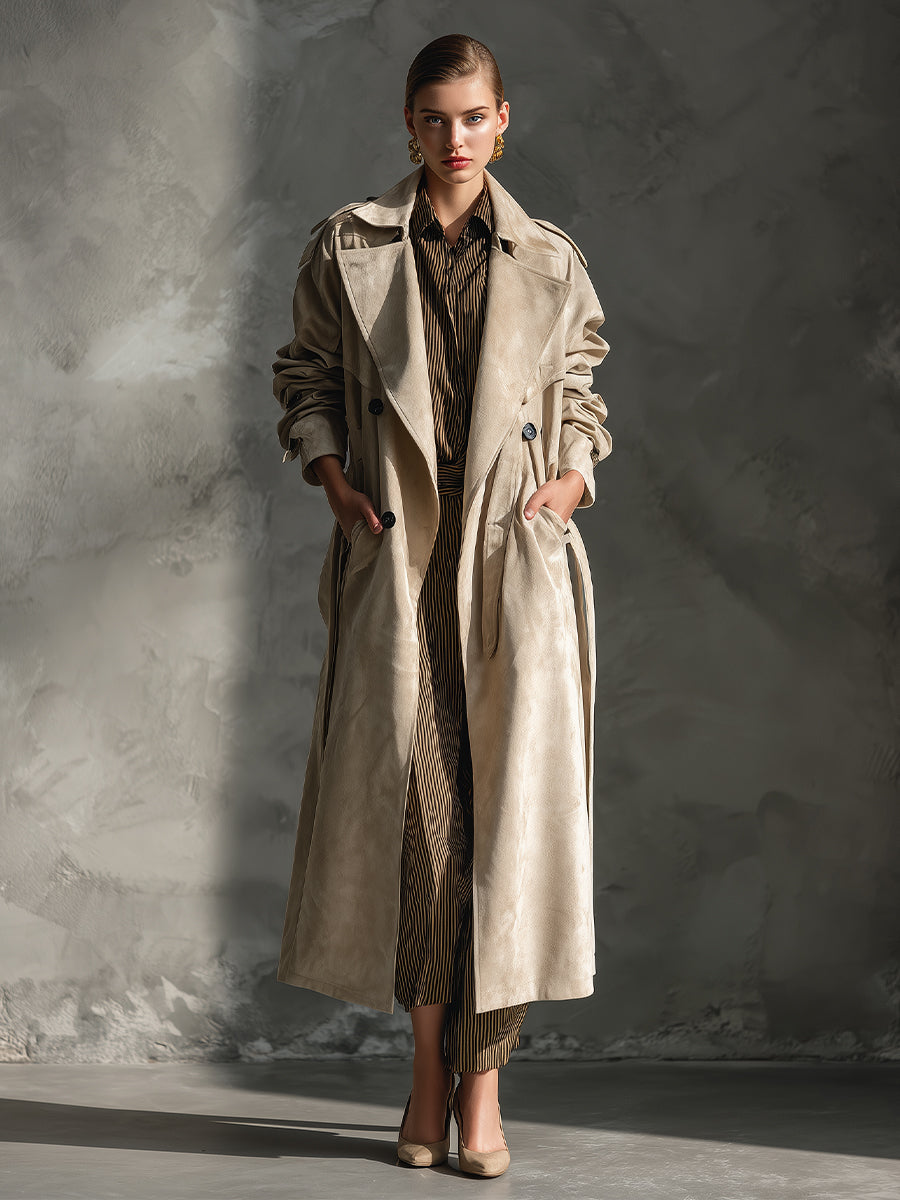 Women's Beige Classic Suede Double - Breasted Trench Coat MDA2043J1I