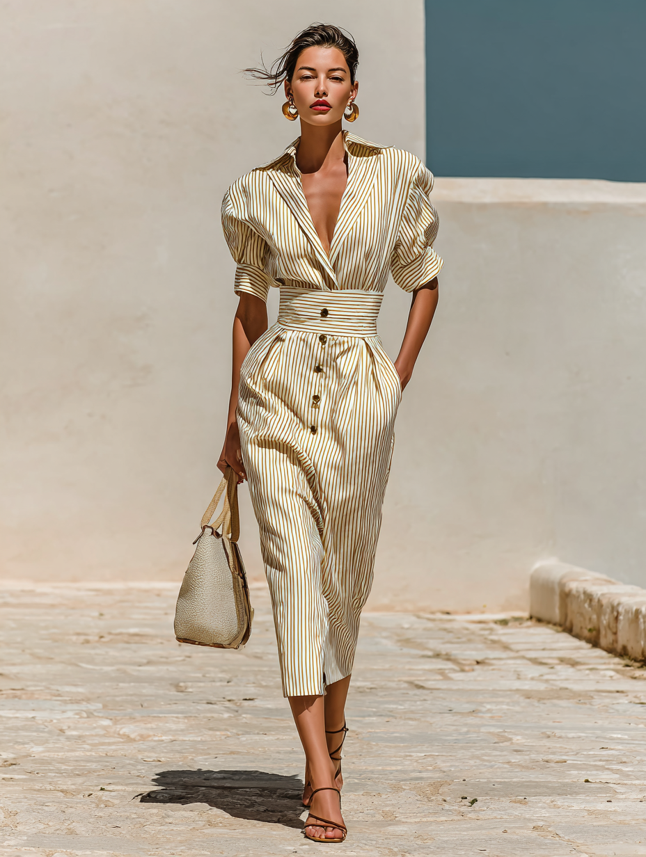 Women's Striped Lapel Short Sleeve Waist Midi Dress MDA0753G6Y