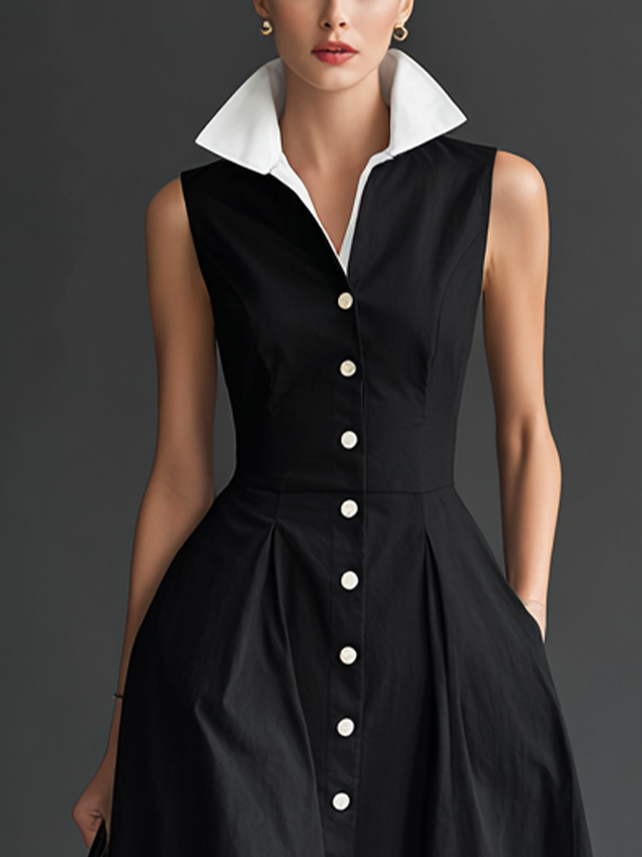Women's Elegant Black And White Color-blocked Cotton And Linen Mid-length Dress With Lapel Collar MDZ1348A4BA